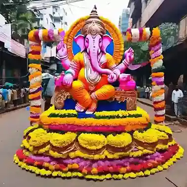 Ganpati idol decorated with vibrant flowers for Ganesh Chaturthi | Colorful Flower Ganpati Decoration | Ganesh Chaturthi Decorations | Decorations Guru